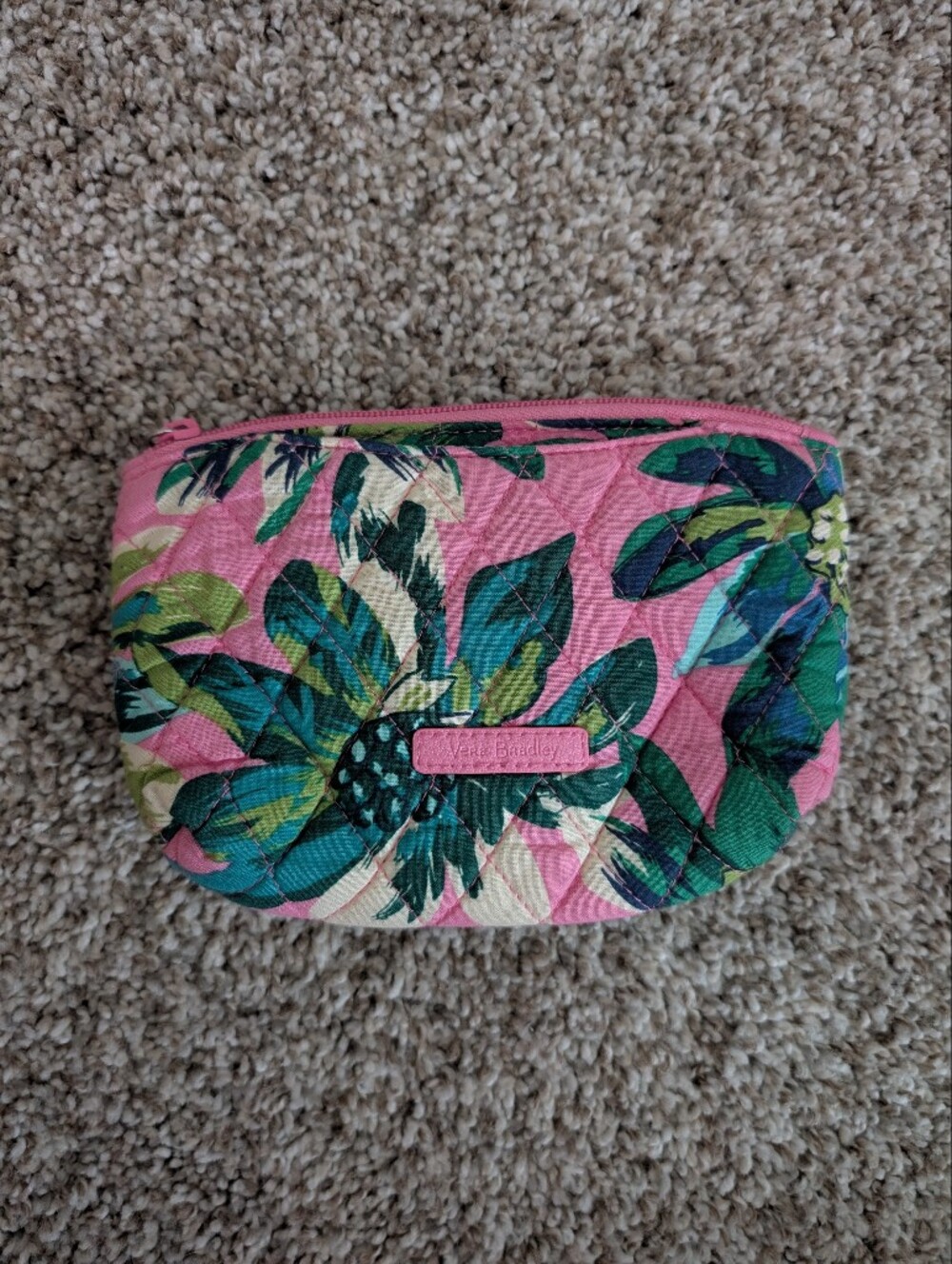 Vera Bradley Pink Tropical Floral Quilted Cosmetic Bag PouchWith Attached Mirror